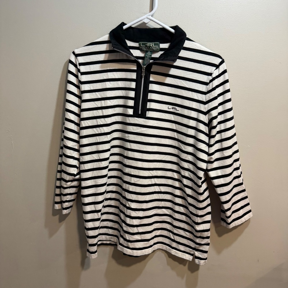 Lauren Active Ralph Lauren‎ Striped Quarter Zip Pullover Top Black White XL